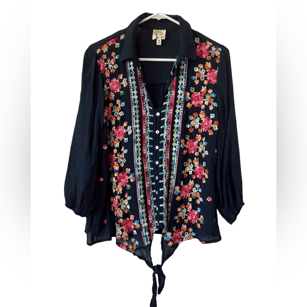 fig and flower Black Floral Embroidered Tie-Front Blouse
